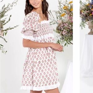 Neve & Noor Nancy Mini Dress In Posey Petal Smocked Cotton Pink White Sz S/M